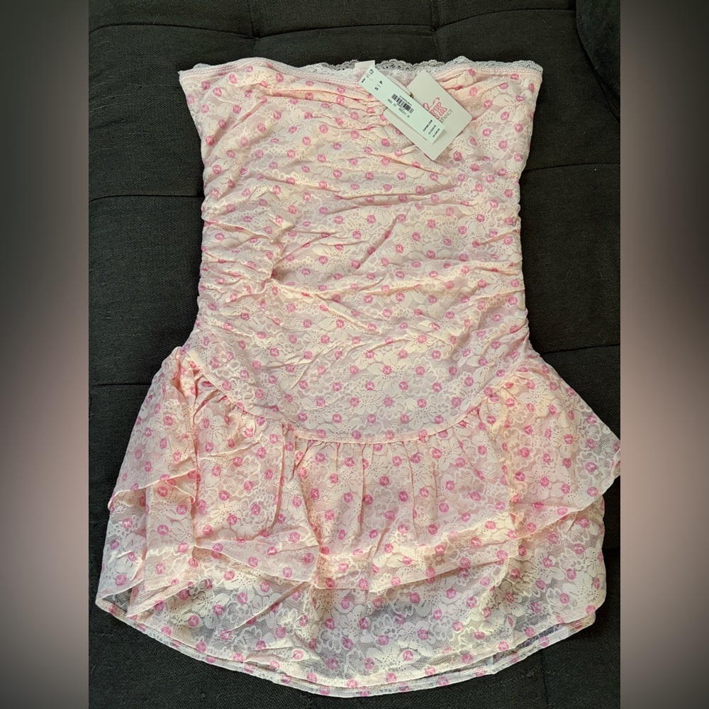 PINK x LoveShackFancy Strapless Lace Mini Dress Icon Polka Dot Pink Small NWT - Picture 5 of 16